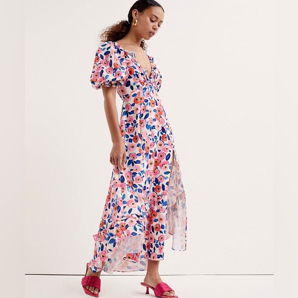 New For Love & Lemons Gianna Midi Pink & Blue Floral Puff-Sleeve Dress Sz Xs
